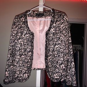Nipon Boutique PinkBlack Floral Ruffle Trim Blazer